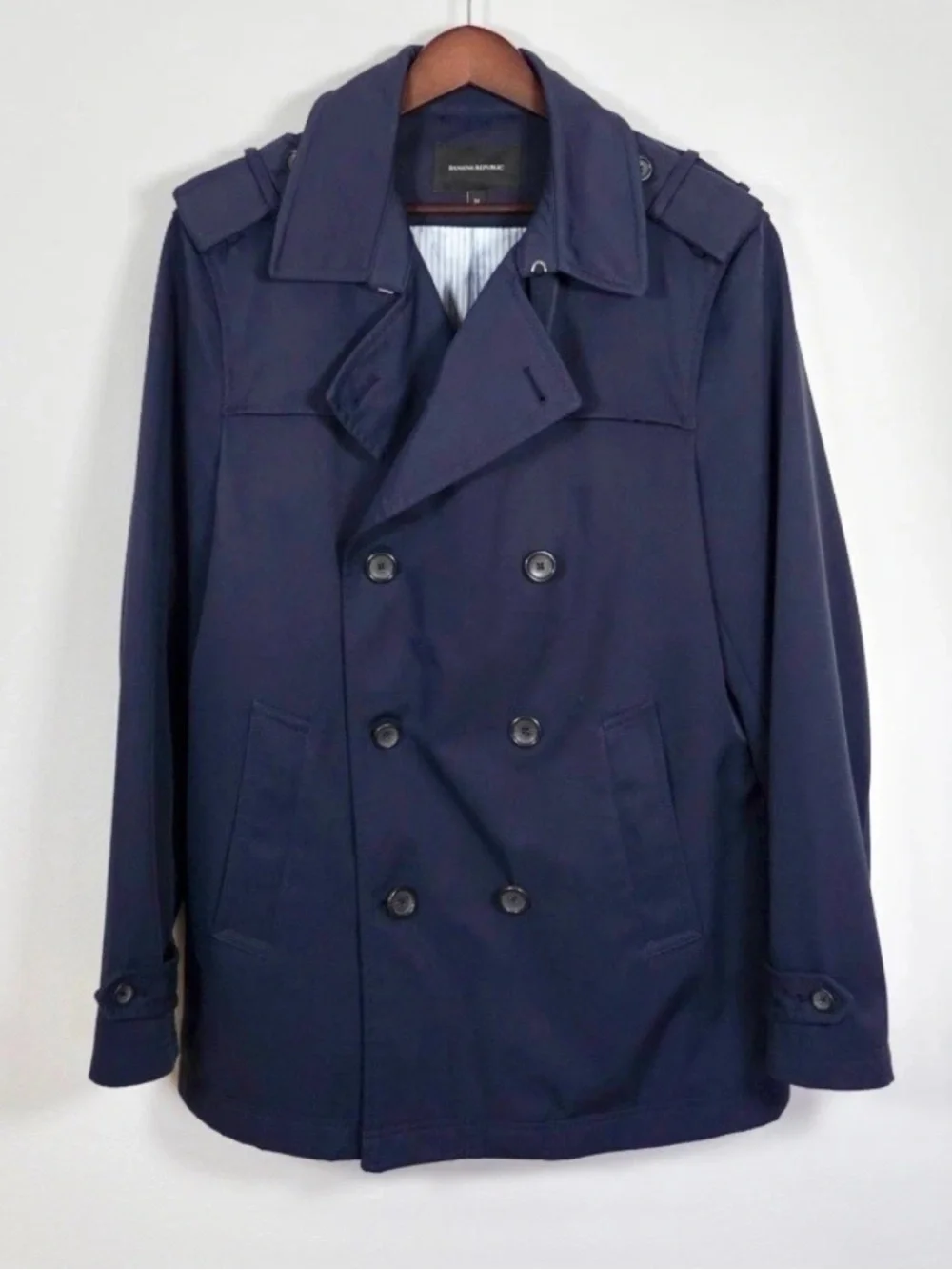 Banana Republic Men's Double Breasted Short Trench Rain Coat Navy Blue Sz Small